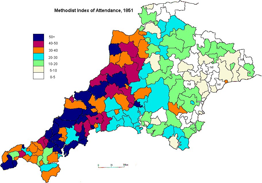 Methodist attendance in 1851. Note the areas of strength in mid and north Cornwall.